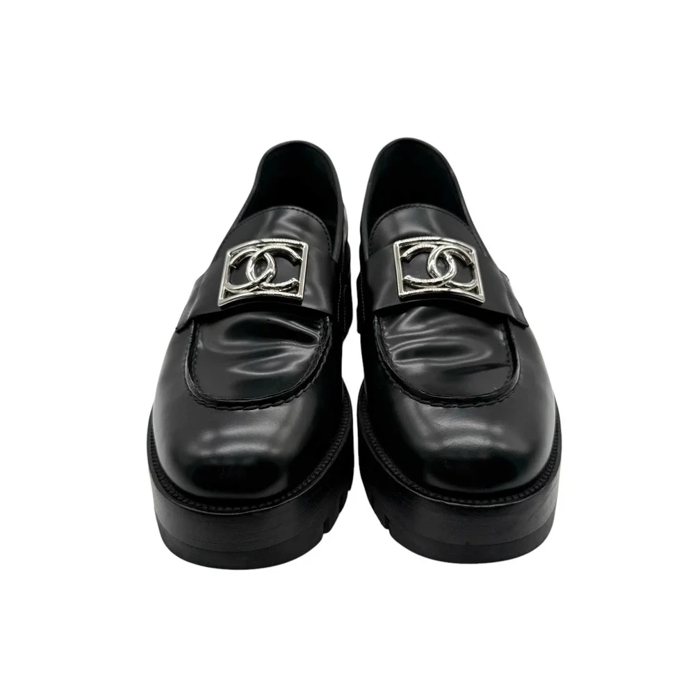 CHANEL Calfskin Metal CC Loafers Black Women's Size 38.5